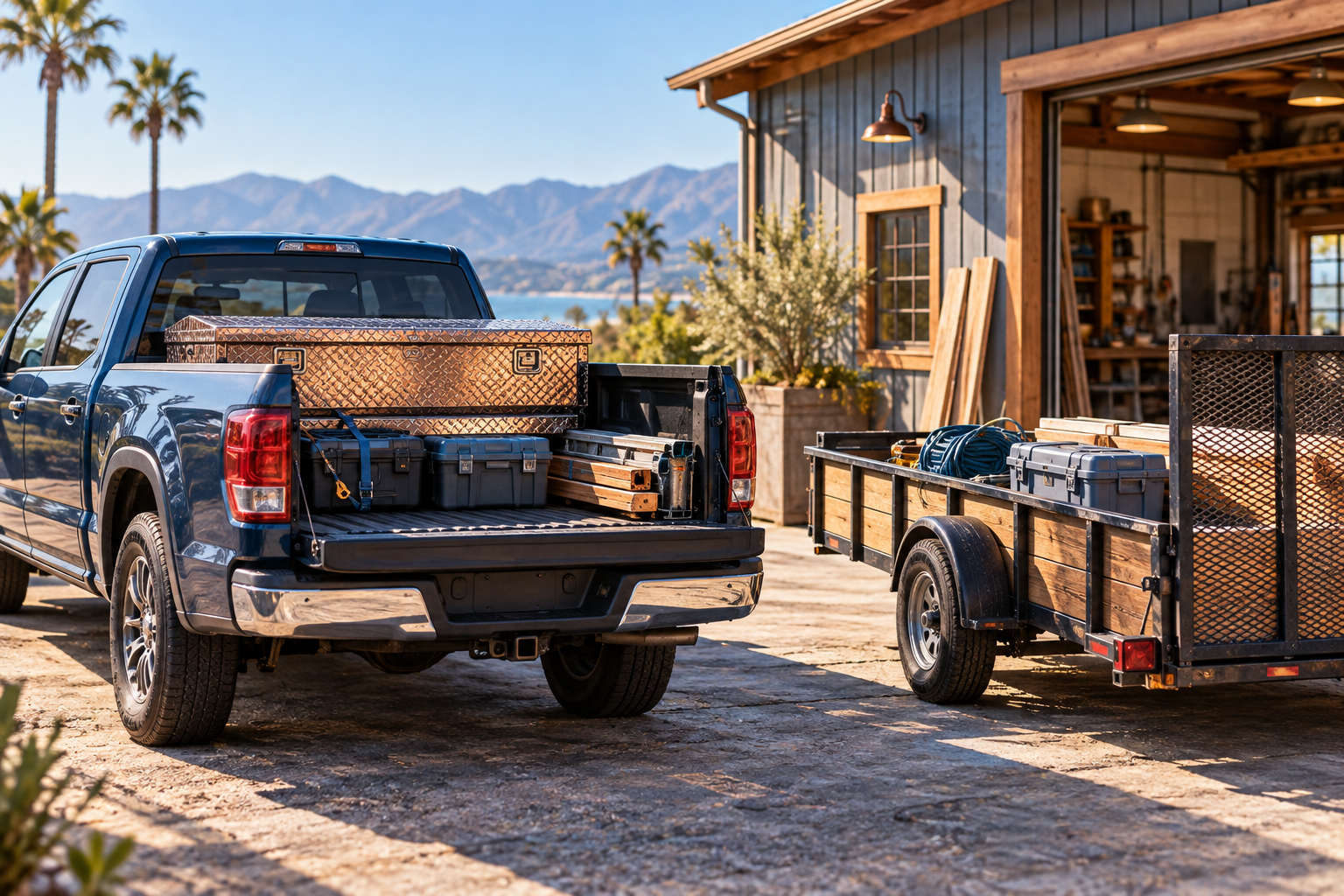 A work truck with a closed tool chest and a small equipment trailer