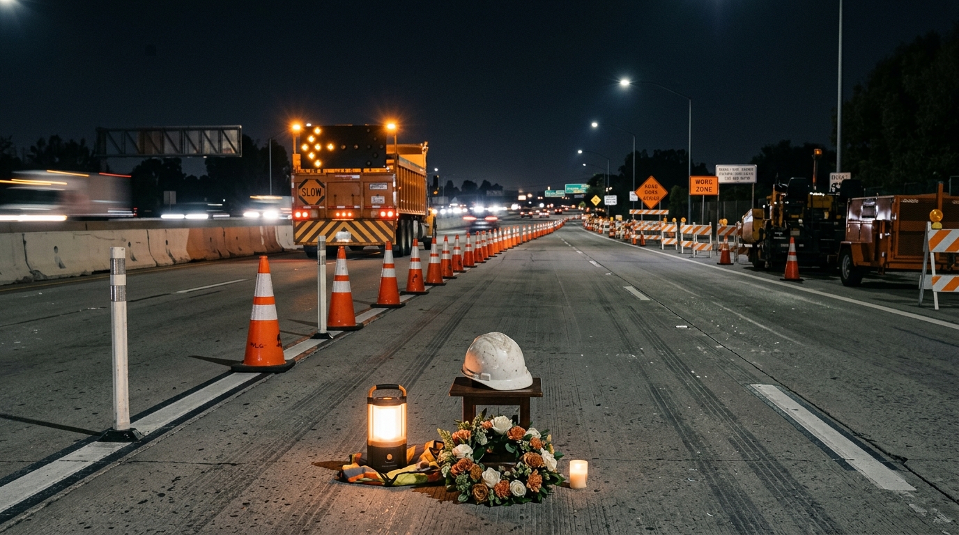 Nighttime California freeway work zone with cones and a protective barrier vehicle