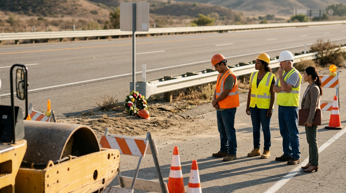 Nighttime freeway work zone protected by cones and an impact vehicle