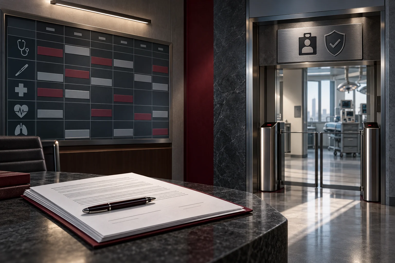 Hospital schedule and contractor agreement beside a credentialing doorway