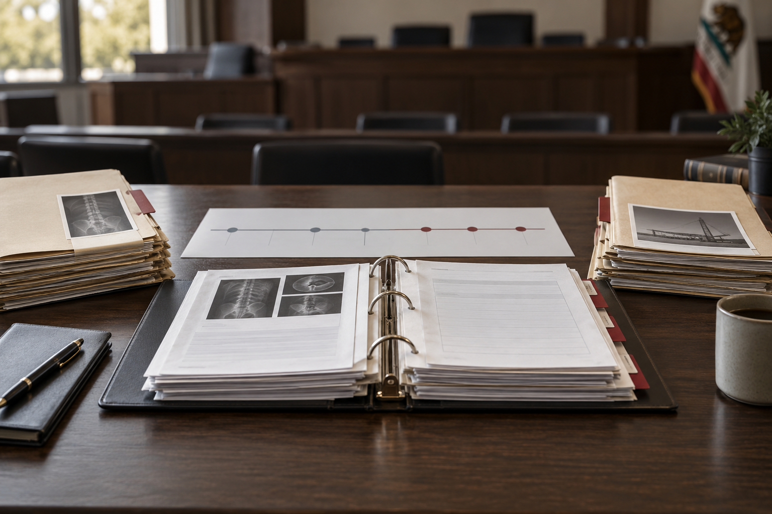 Organized medical records and a two-part timeline on a conference table before a California administrative hearing room
