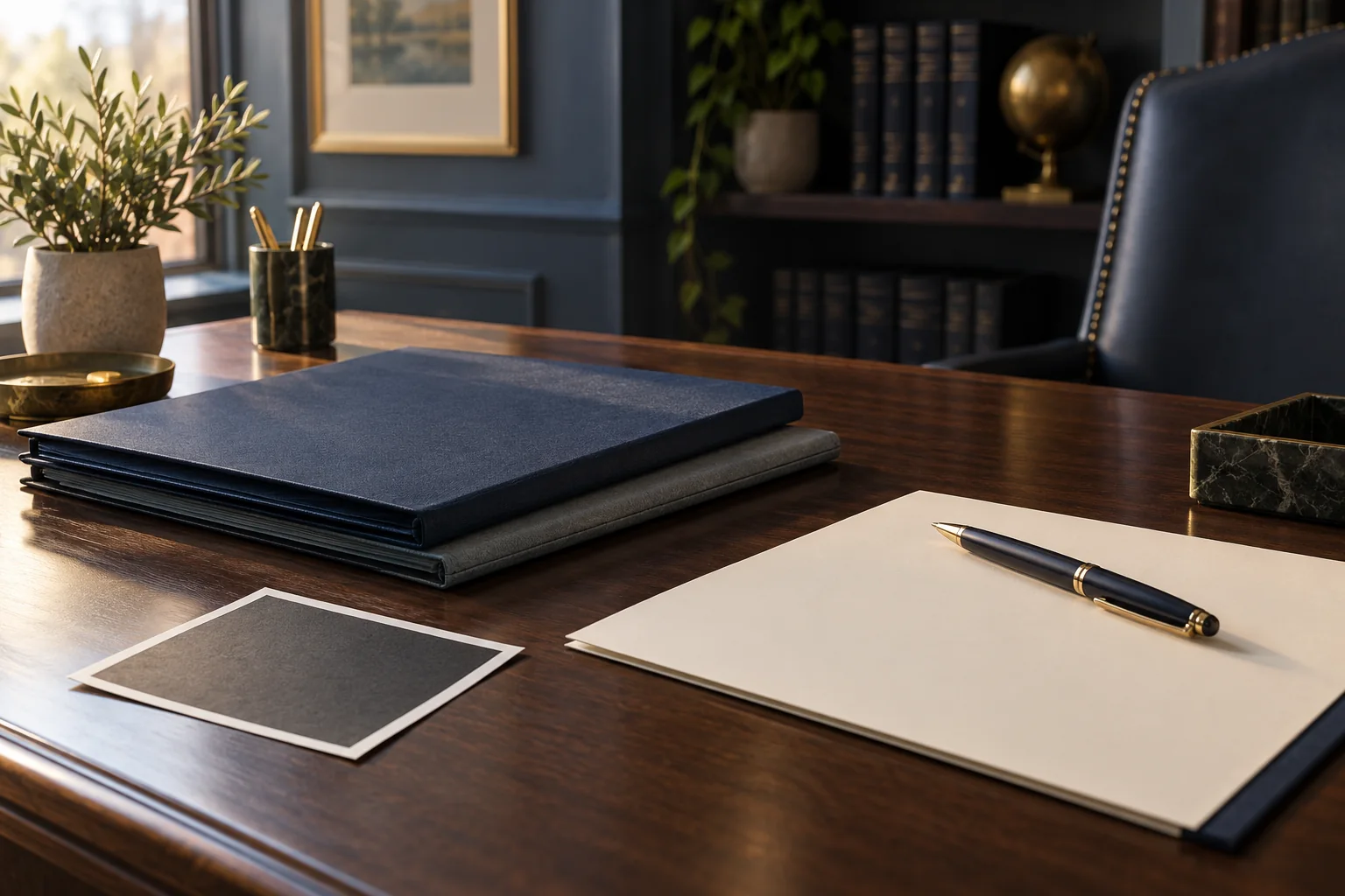 Family case folders and a face-down photograph on a law-office desk.