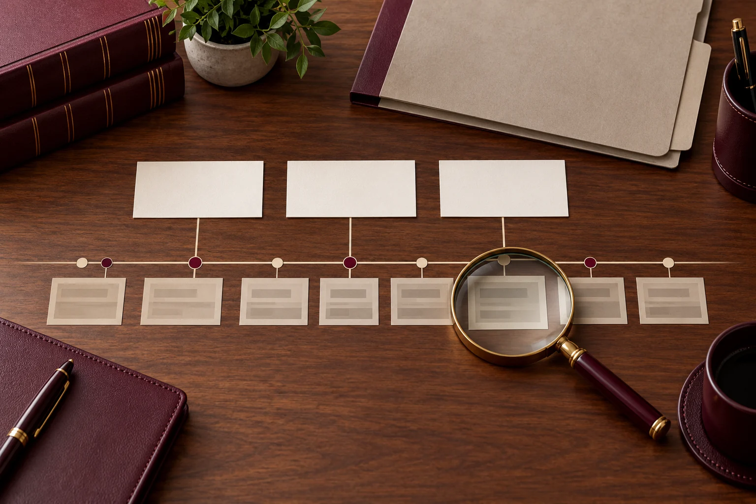 A chronology of records under a magnifying glass beside a criminal-case folder.
