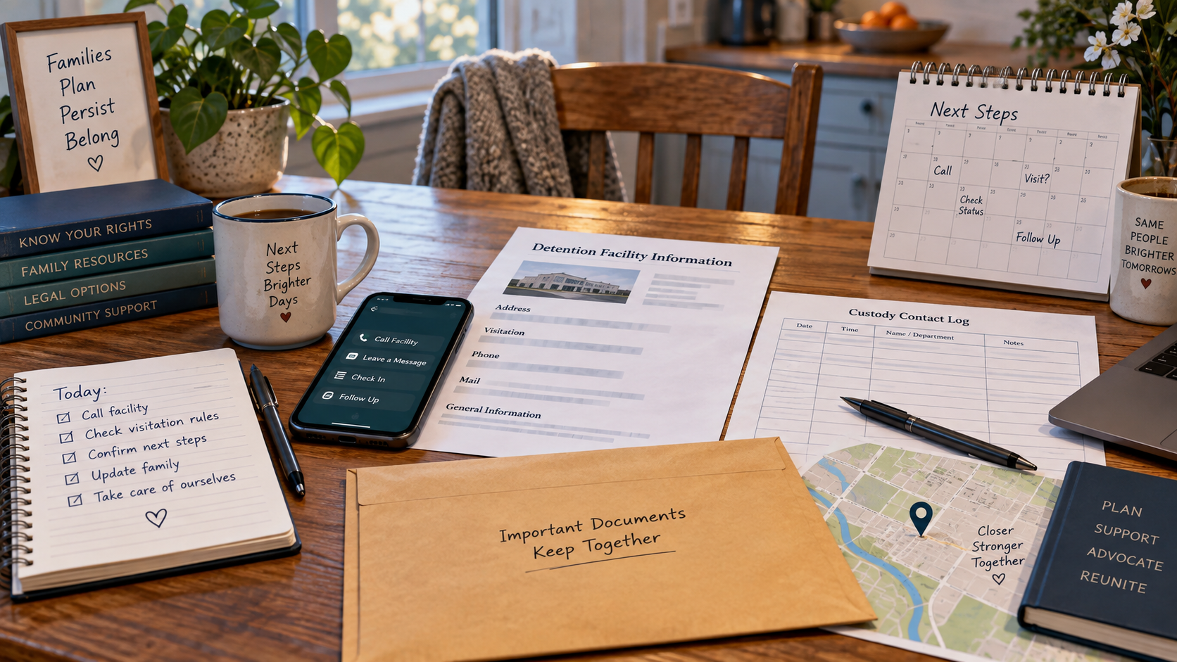 A family custody log beside a phone, facility information sheet, and sealed document envelope