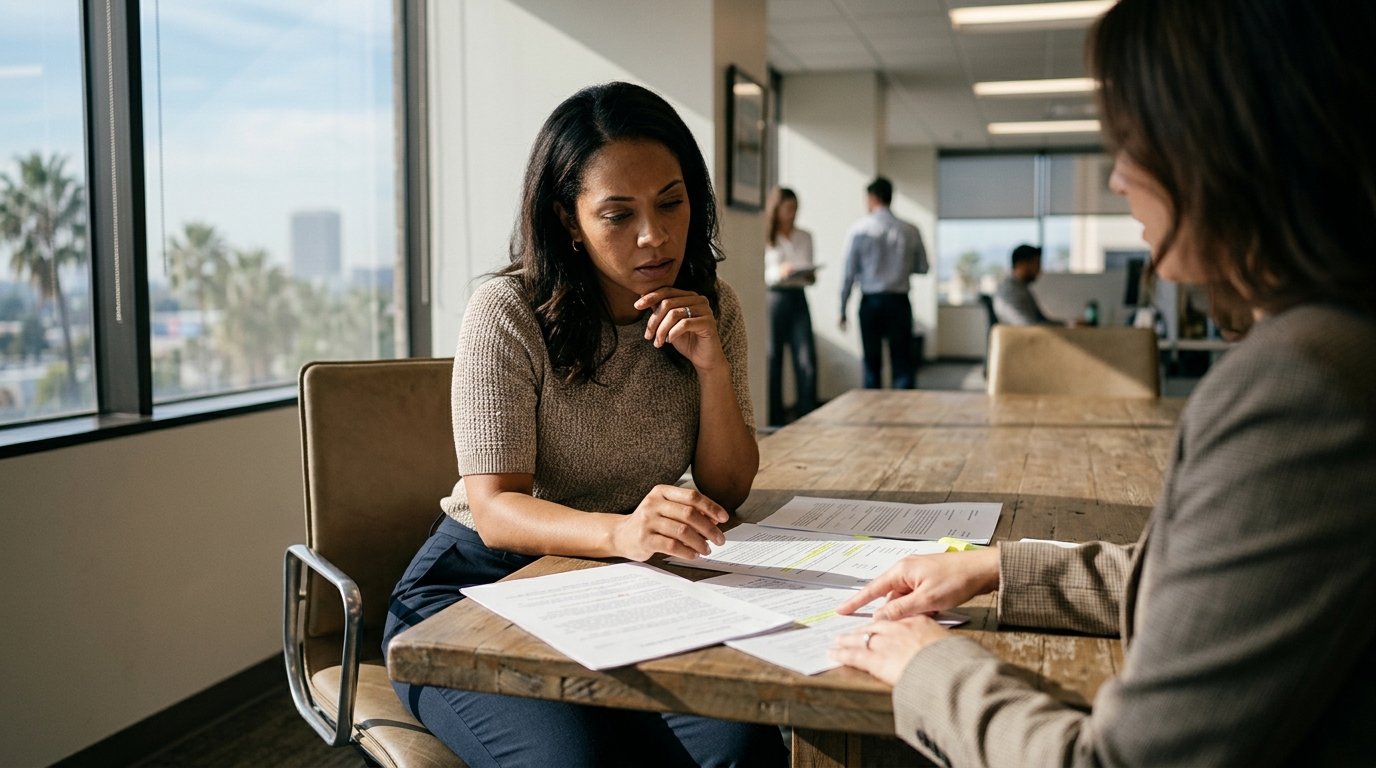 Employee reviewing a termination letter and workplace records