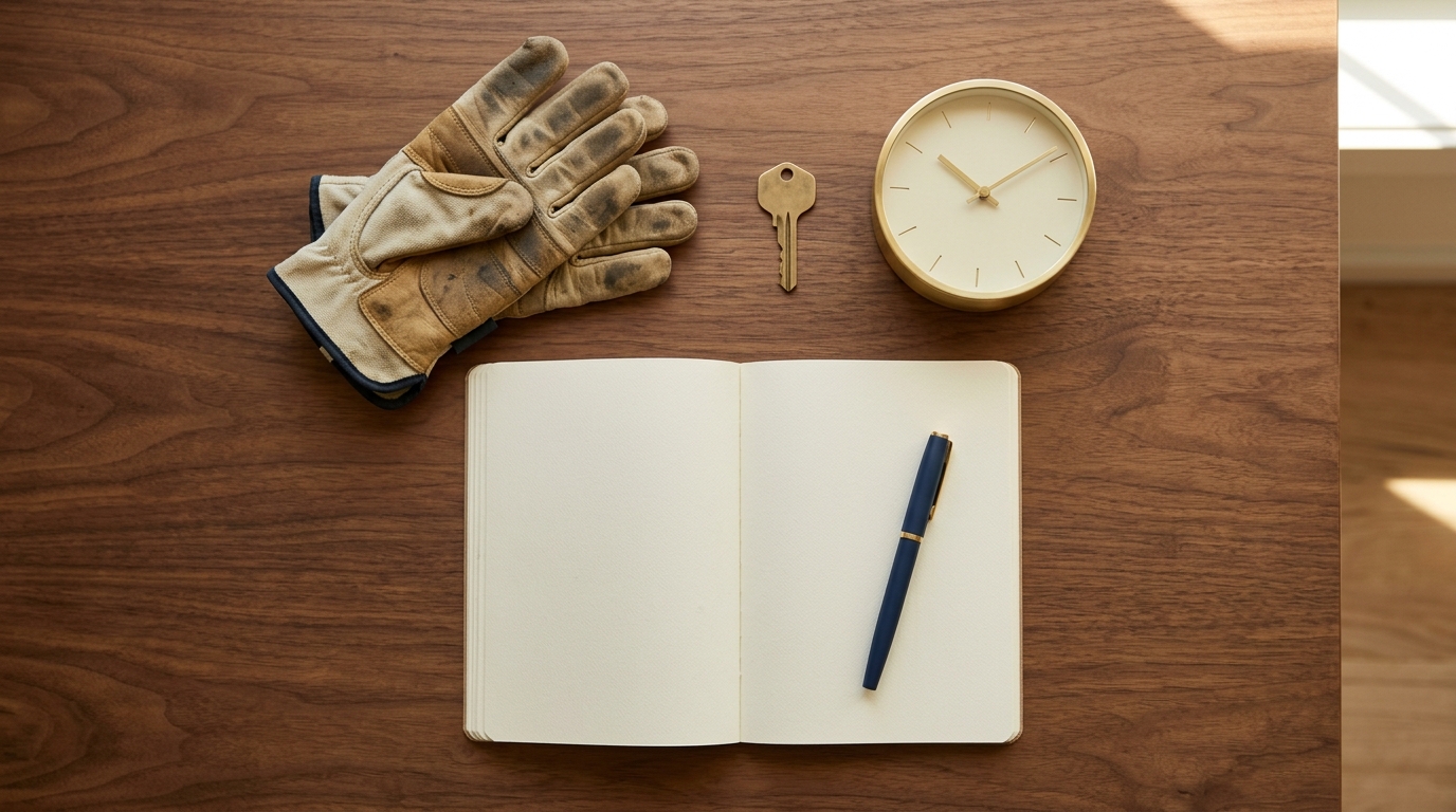 Work gloves, property key, plain clock, and blank notebook arranged on a wooden table
