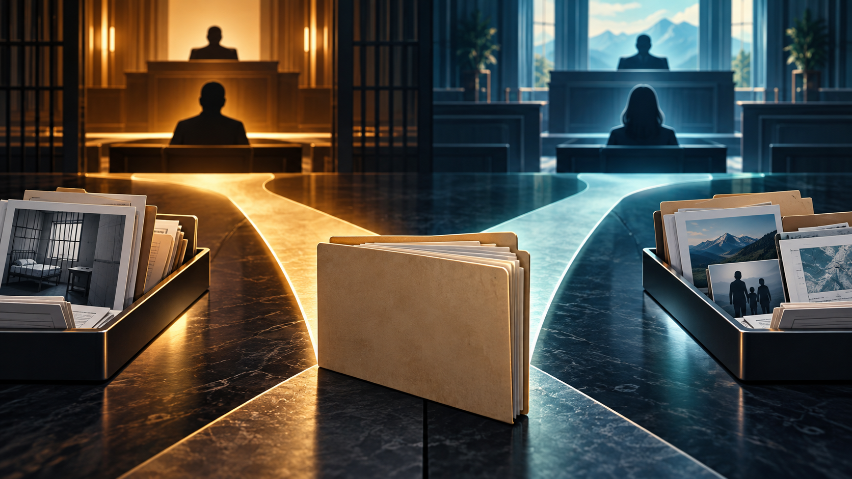 A split-view illustration showing two distinct courtroom file folders side by side, one labeled for custody and one for merits, connected by a thin dividing line