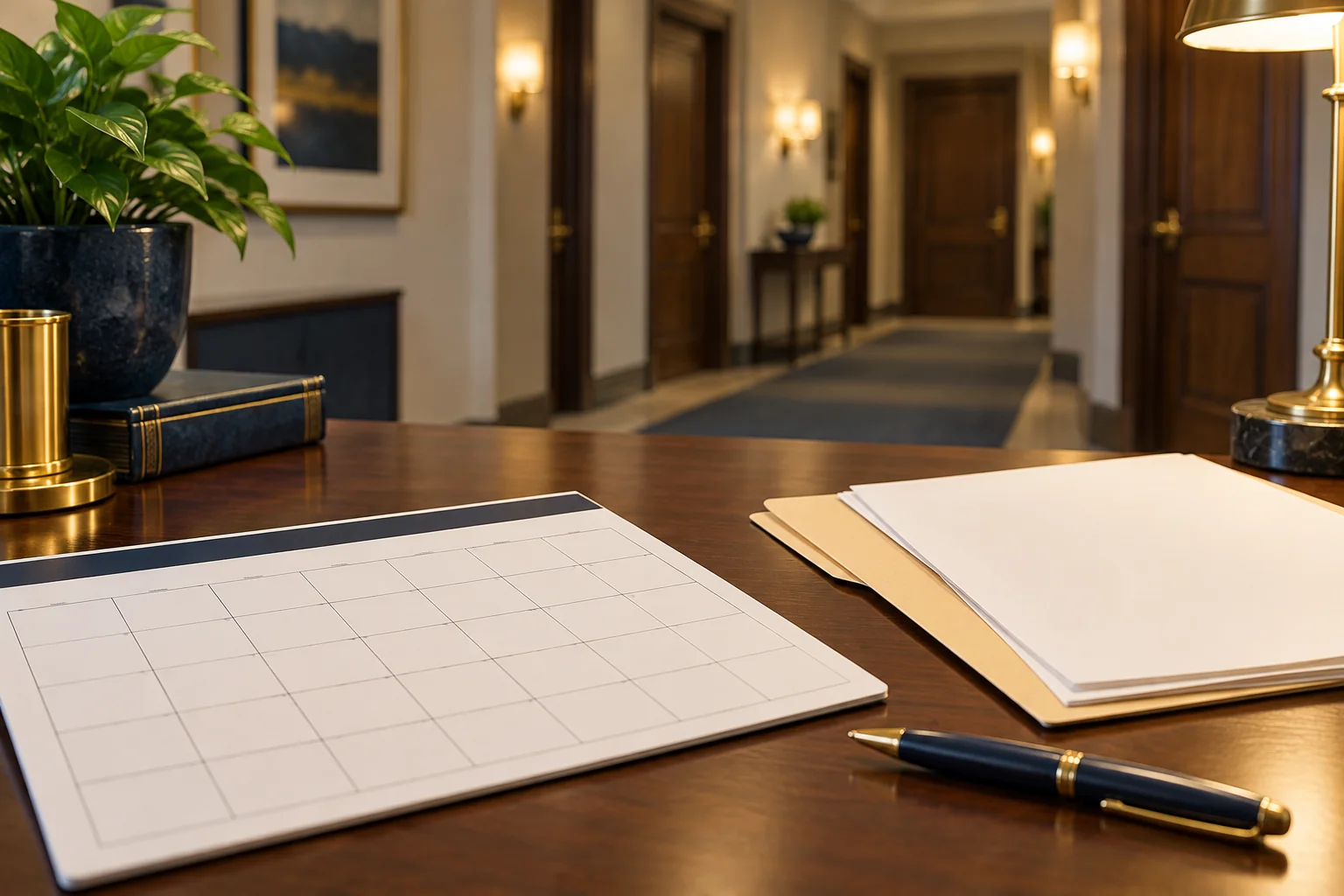 Blank calendar, folder, and pen in a quiet hallway, illustrating preparation for a scheduled hearing.
