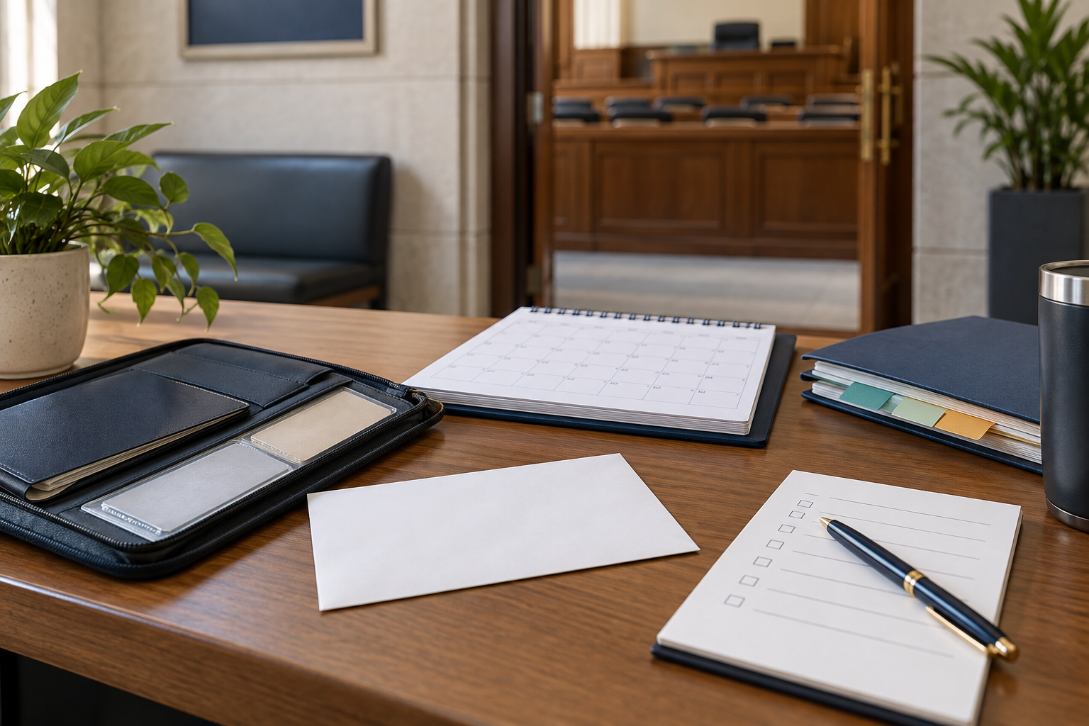 An immigration hearing notice beside an organized checklist and calendar