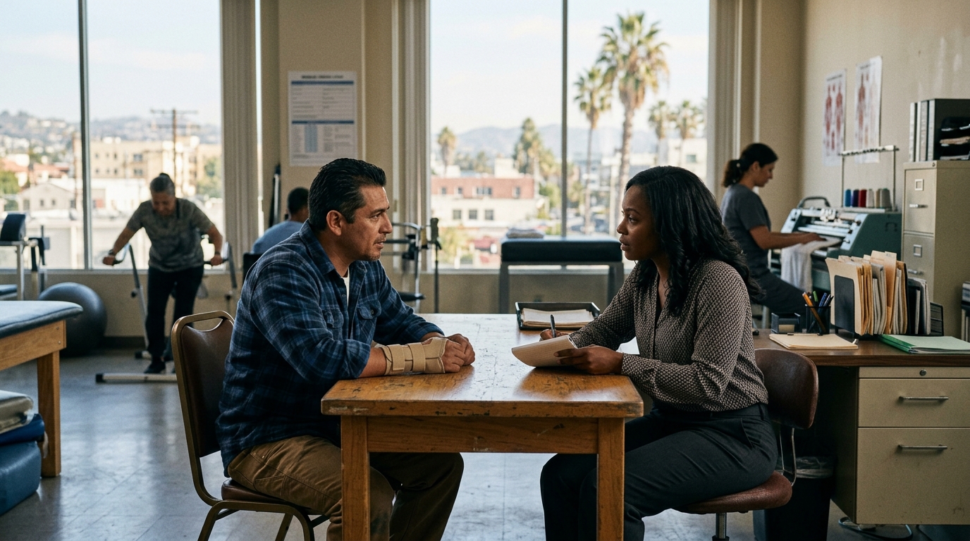 Worker discussing next steps after an injury across an office table