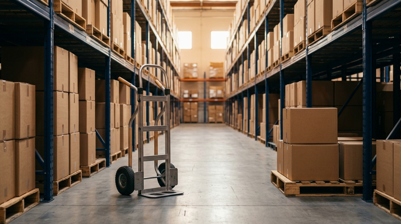 Hand truck and unbranded cartons in a quiet Southern California warehouse aisle