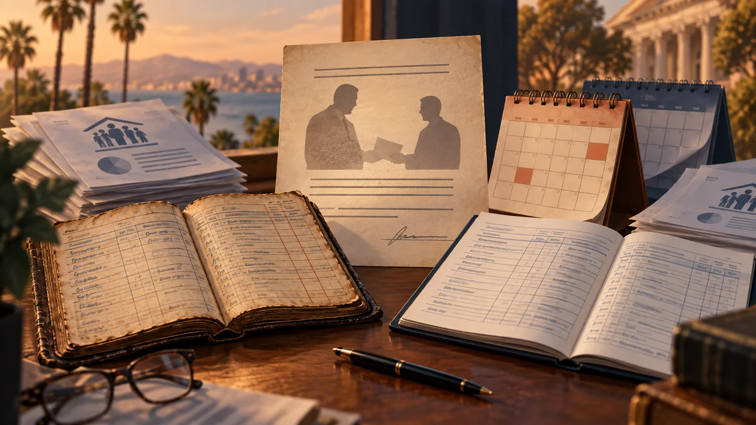 Mismatched ledgers, promissory note, and calendar on a tax-review desk