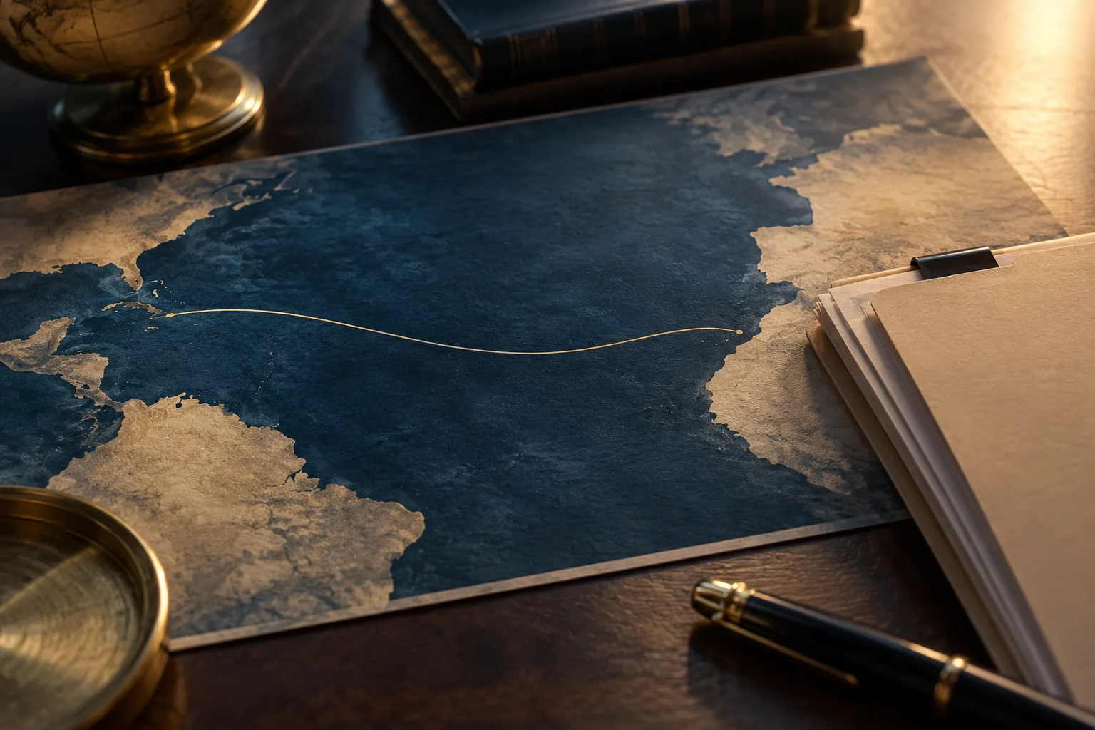 Unmarked route map and immigration case folder on a desk