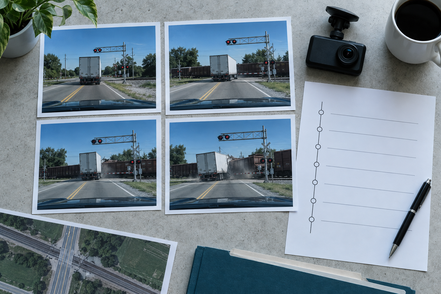 Illustrative dash camera and staged railroad-crossing images arranged for evidence review