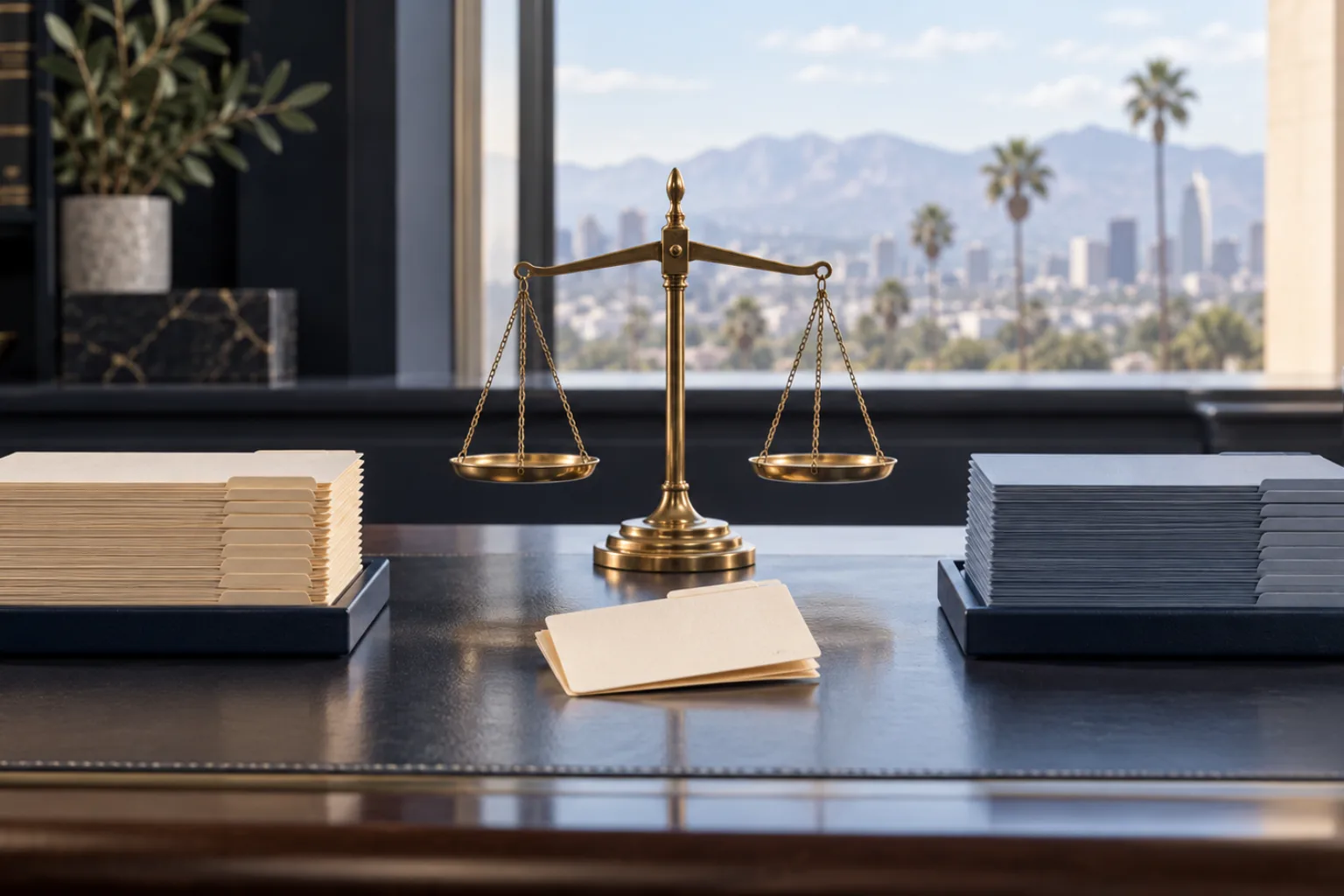 Two sets of case files and balanced scales, illustrating the rejected category comparison