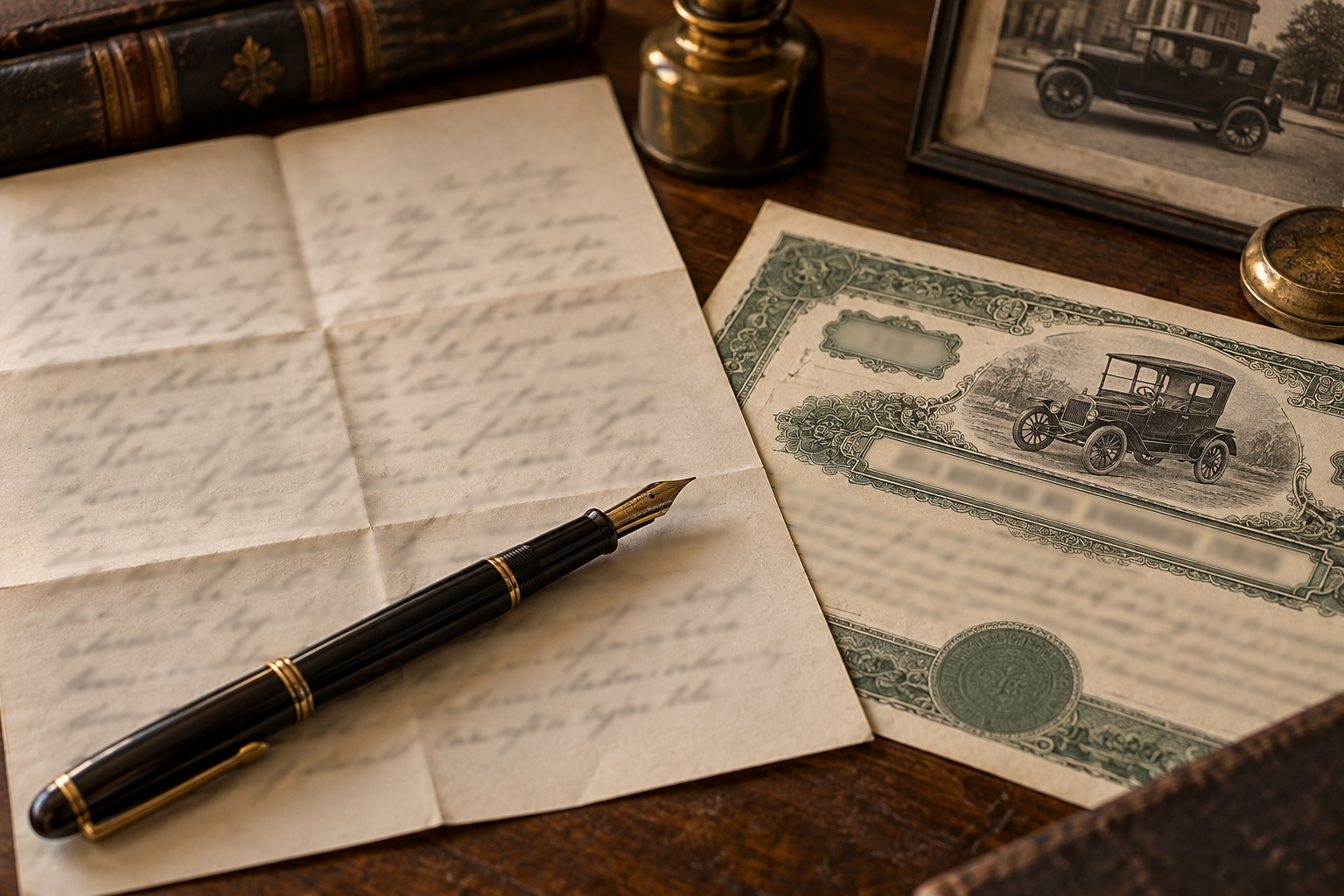 Illustrative historical letter, pen, and stock certificate