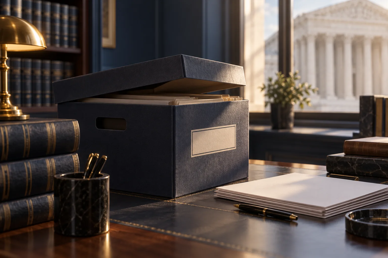 Legal file box being reopened beside fresh evidence sheets