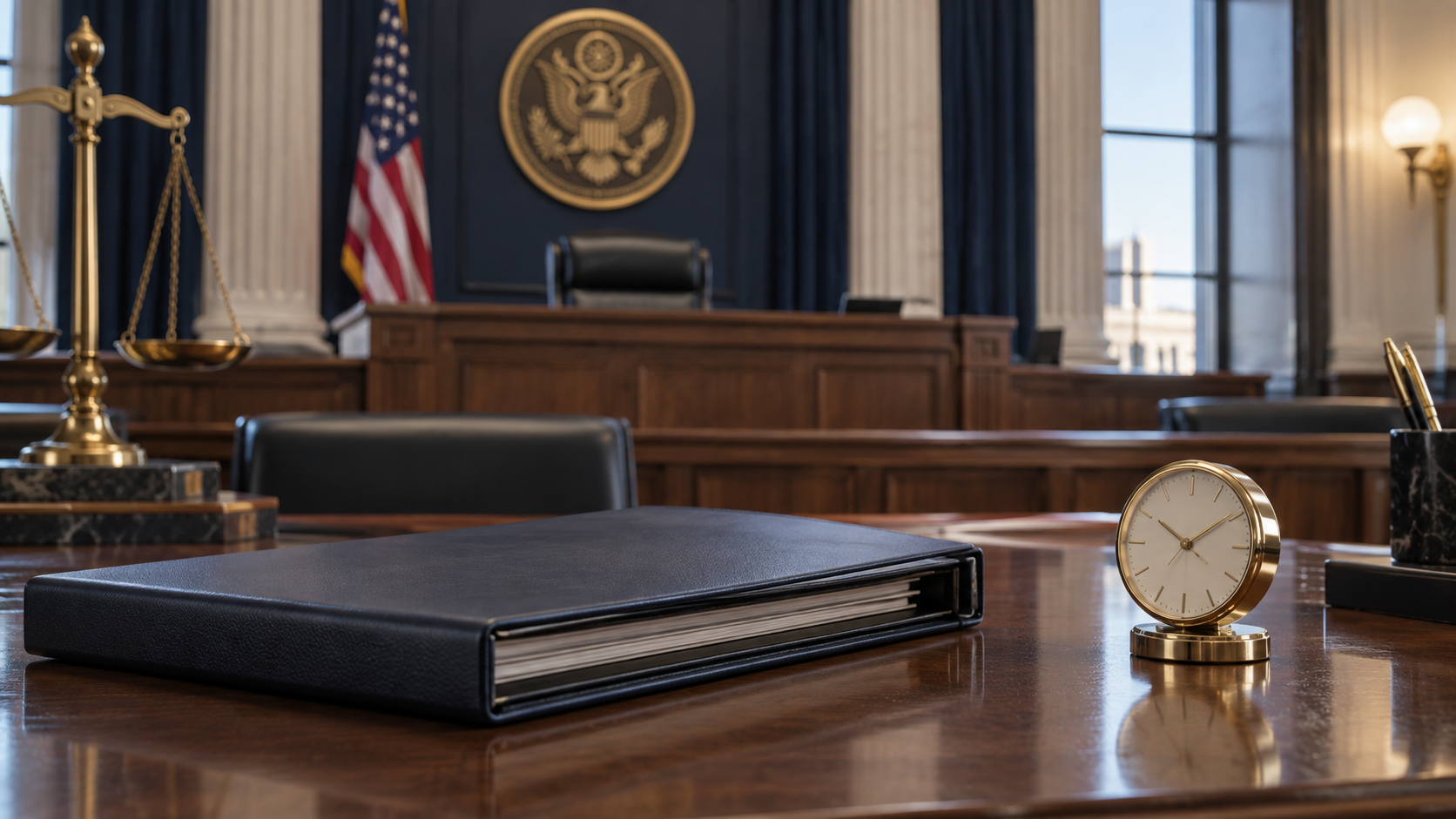 A closed court file beside a clock in an empty hearing-room setting