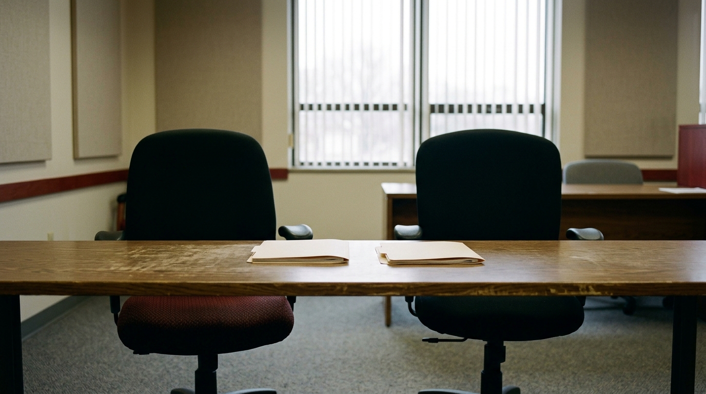 Two consultation chairs with separate case files prepared for review