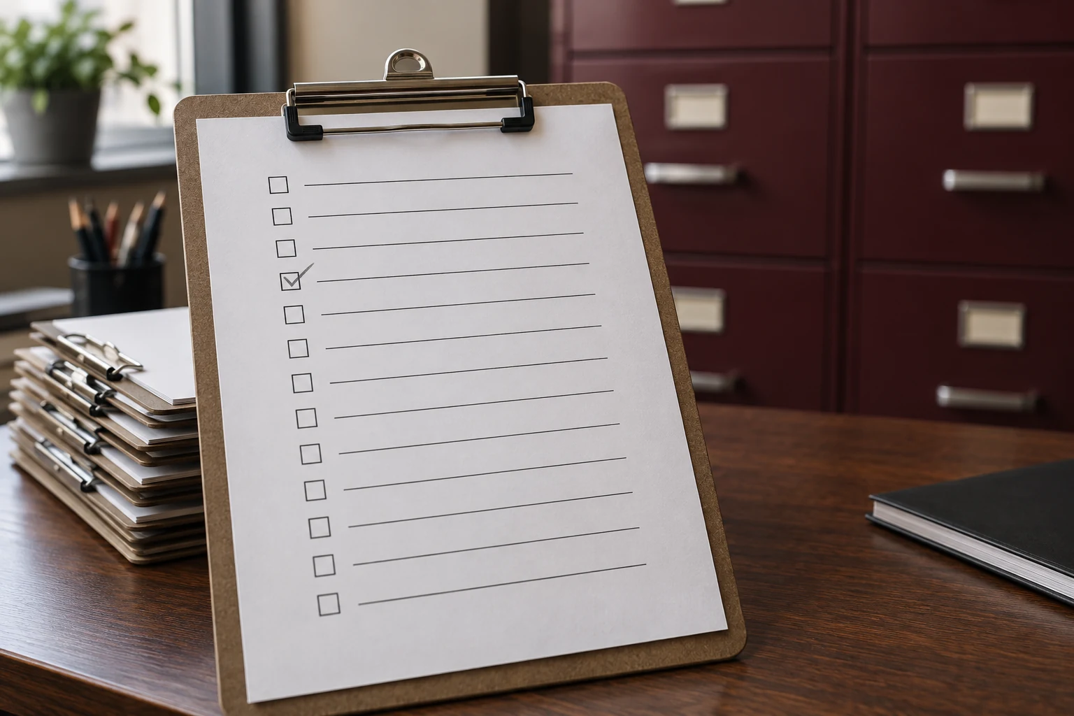 A questionnaire clipboard with one line marked beside a stack of survey copies.