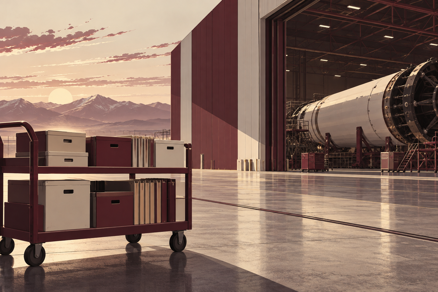 Corporate record boxes outside an unbranded aerospace hangar.