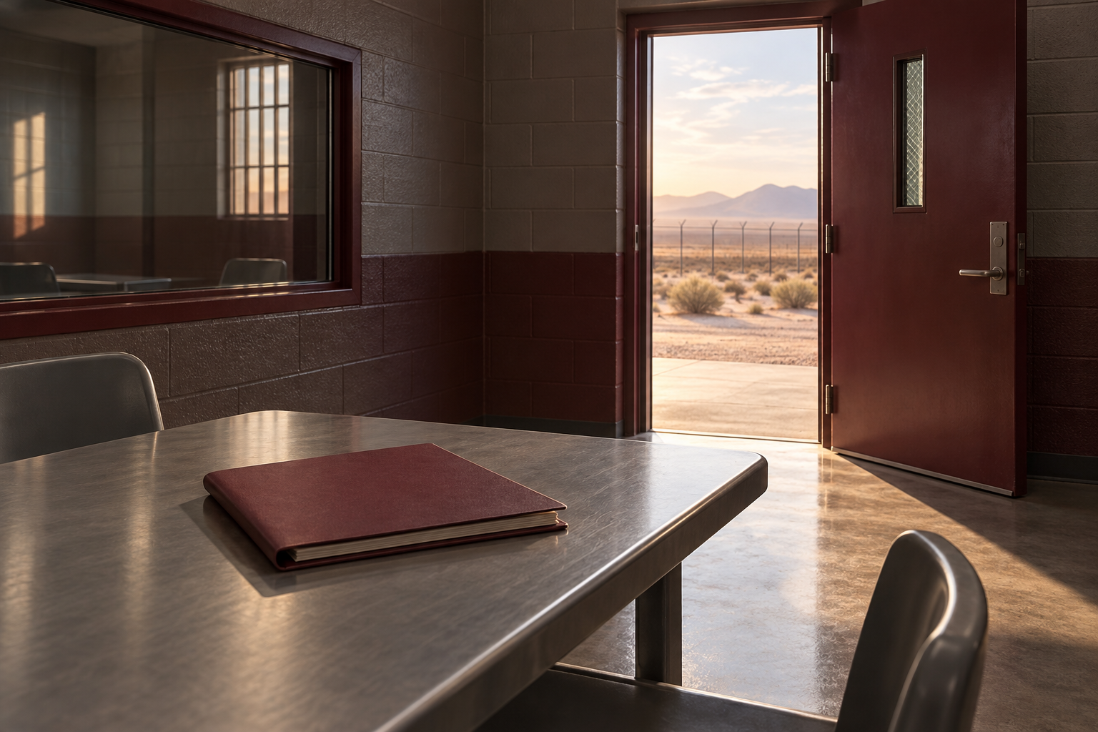 Empty detention visiting room with an open doorway toward daylight.