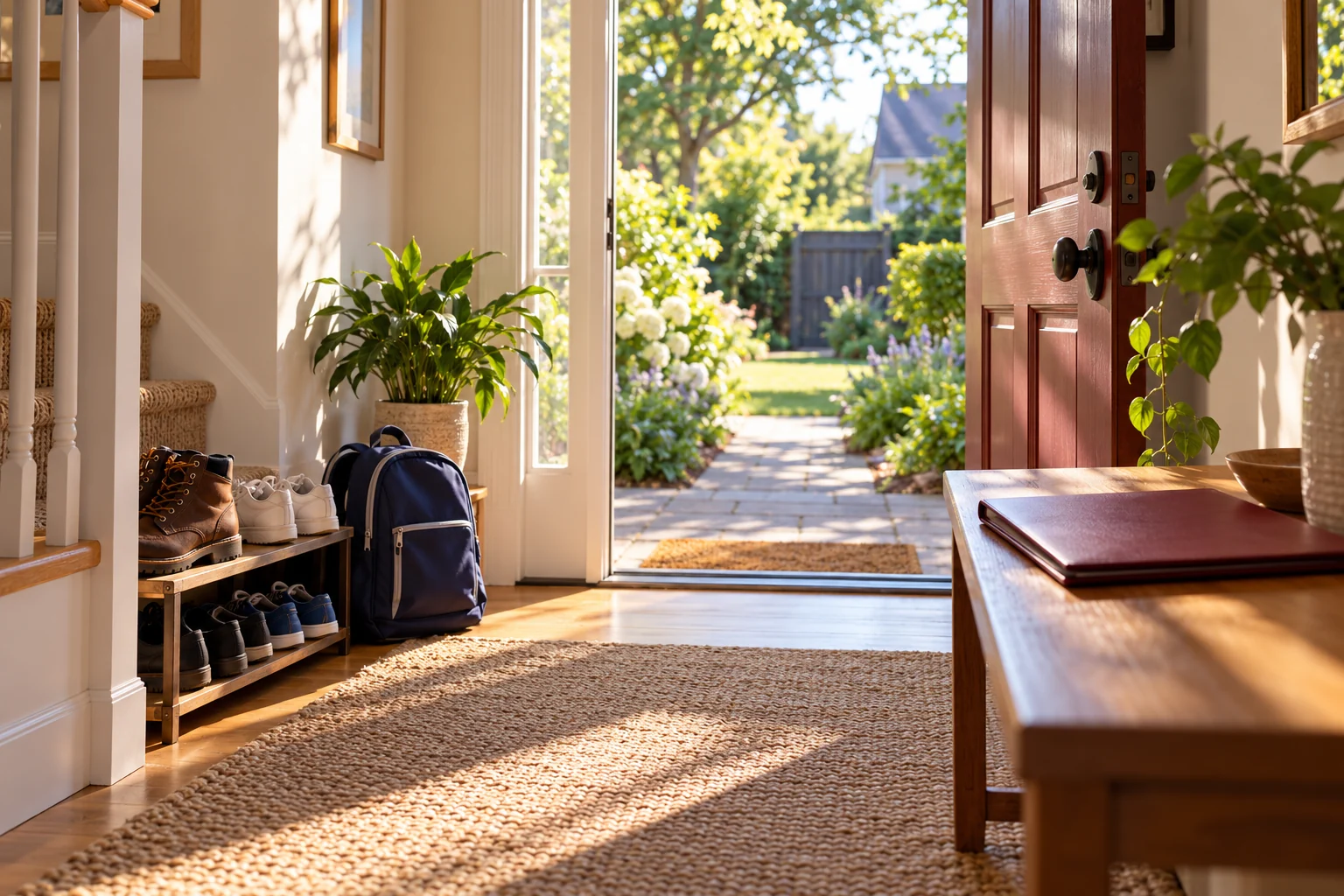 Open home doorway, work shoes and a child’s backpack illustrating community life after release.