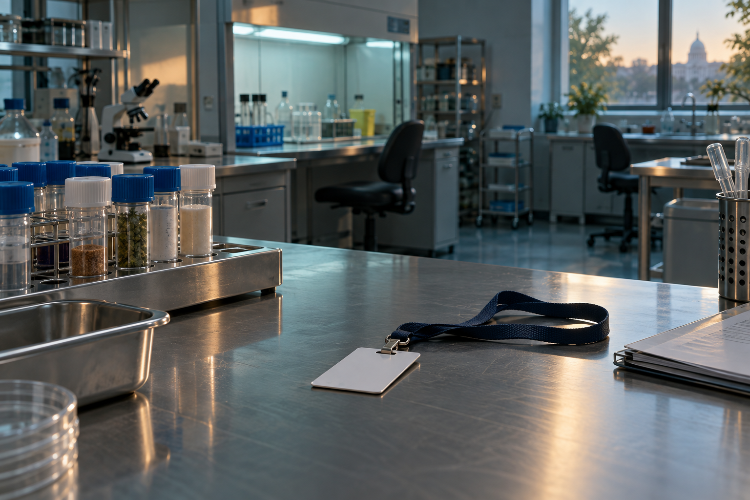 Empty workstations and capped sample vials in a public food-testing laboratory