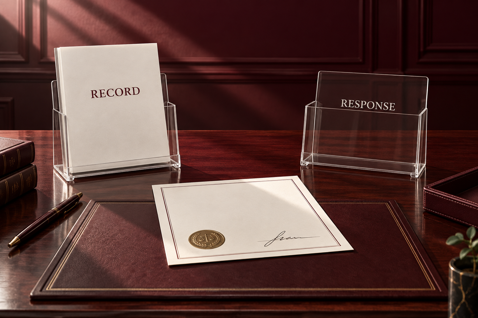 A custody-record folder and an unfilled response stand in a judicial review setting.
