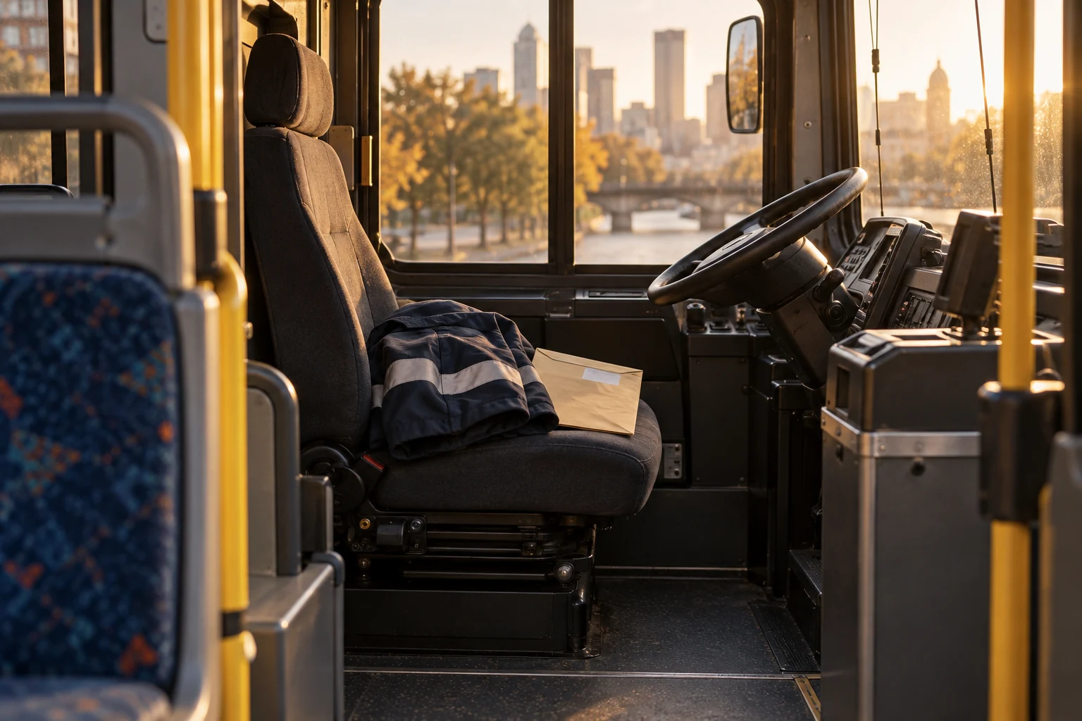 An empty bus driver cabin with a work jacket and medical-report envelope.