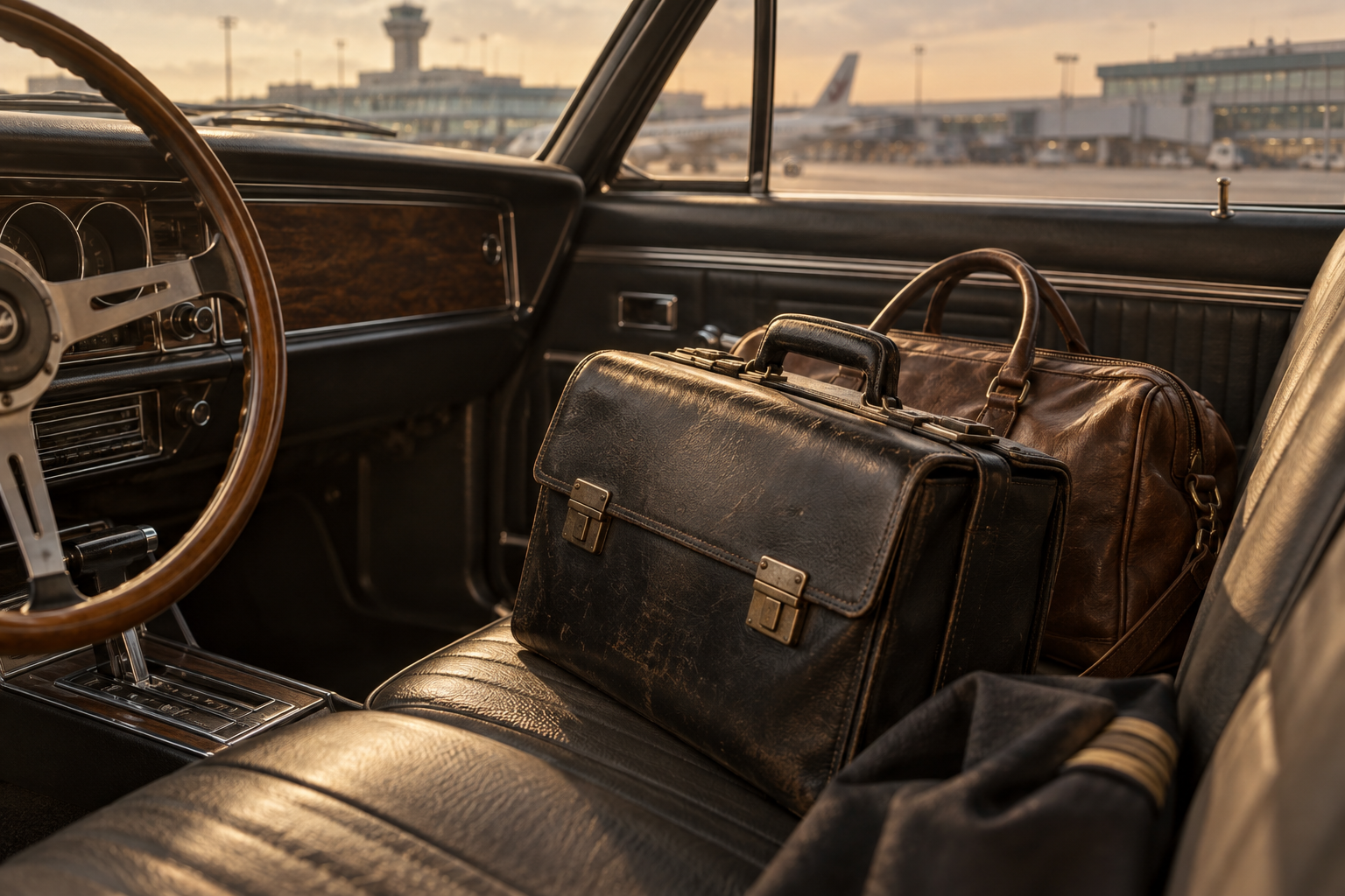 A 1970s automobile beside two modest flight bags at an airport parking area