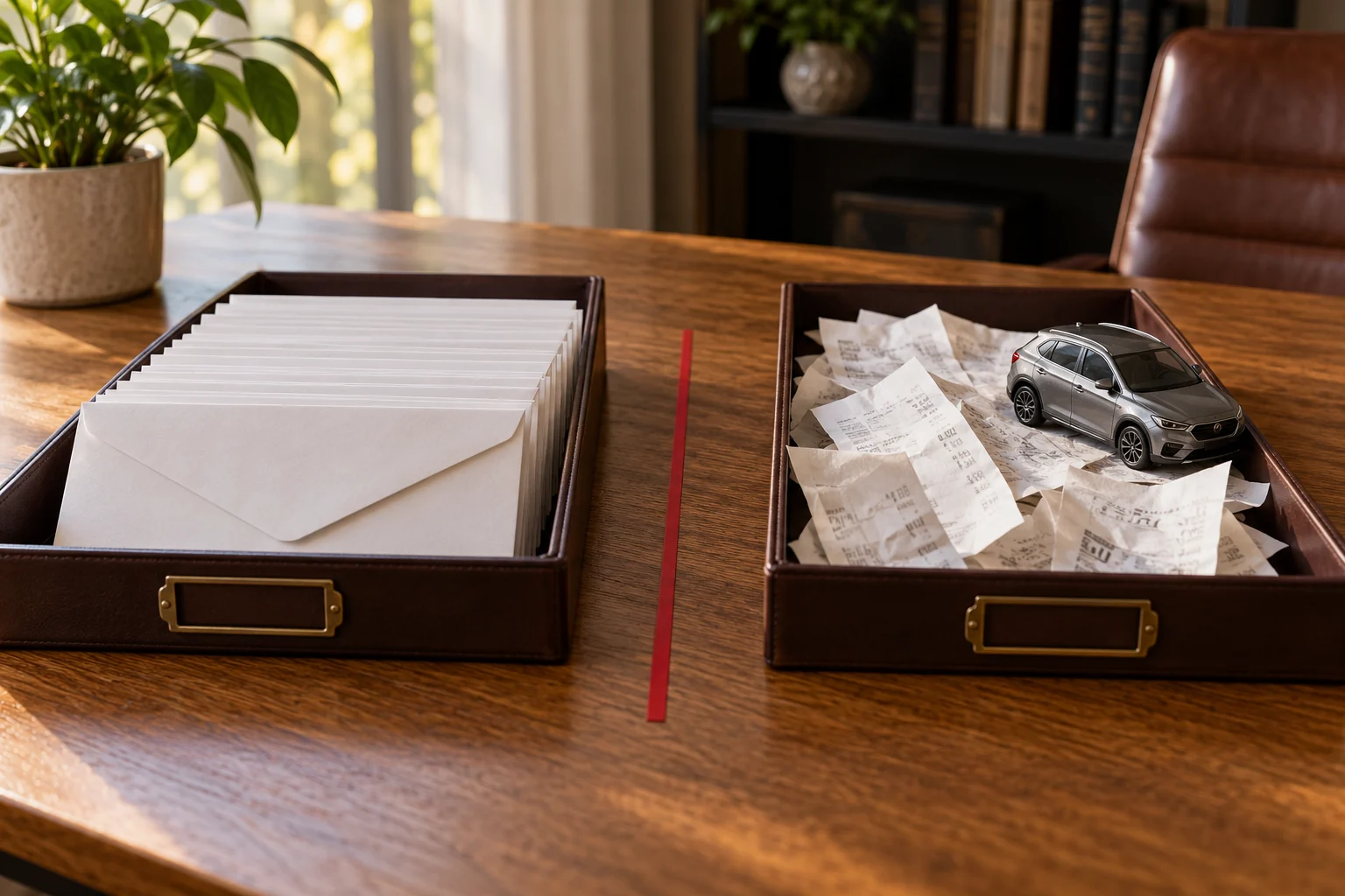 Separate trays for pay envelopes and vehicle-expense receipts on a payroll desk.