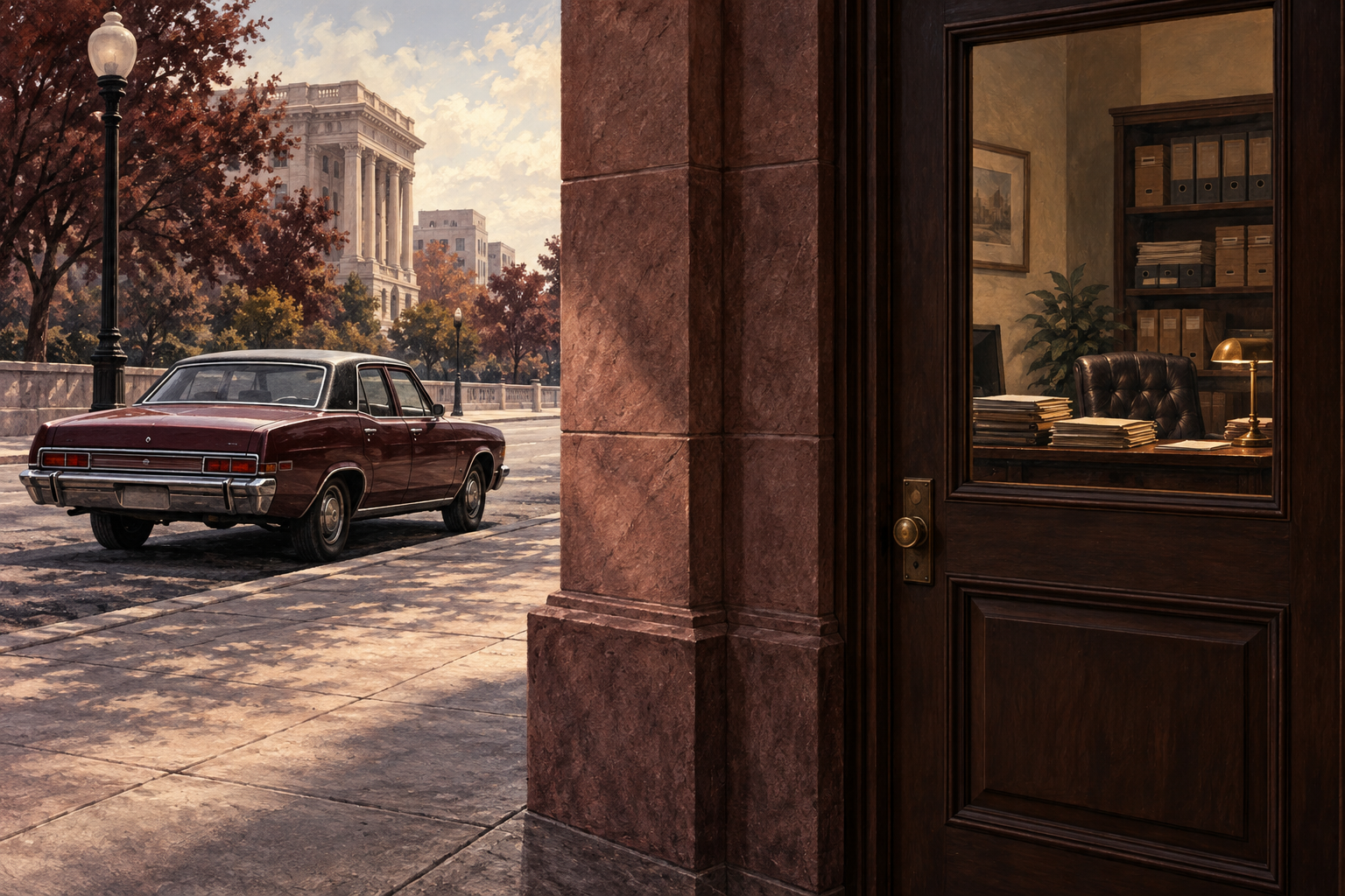 An unbranded automobile on a public street beside a separate private office doorway.