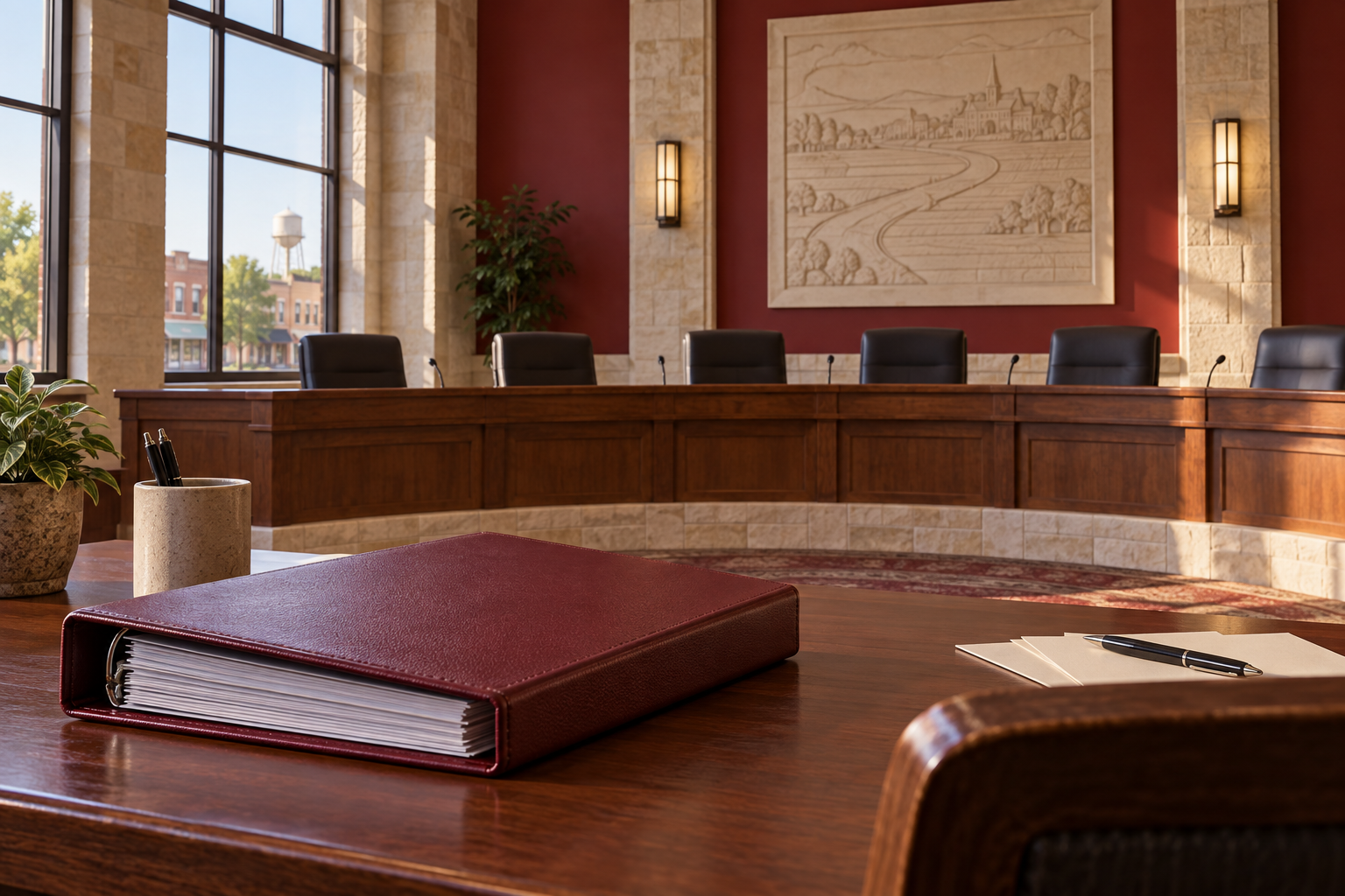 Empty municipal council chamber with a closed grievance binder.