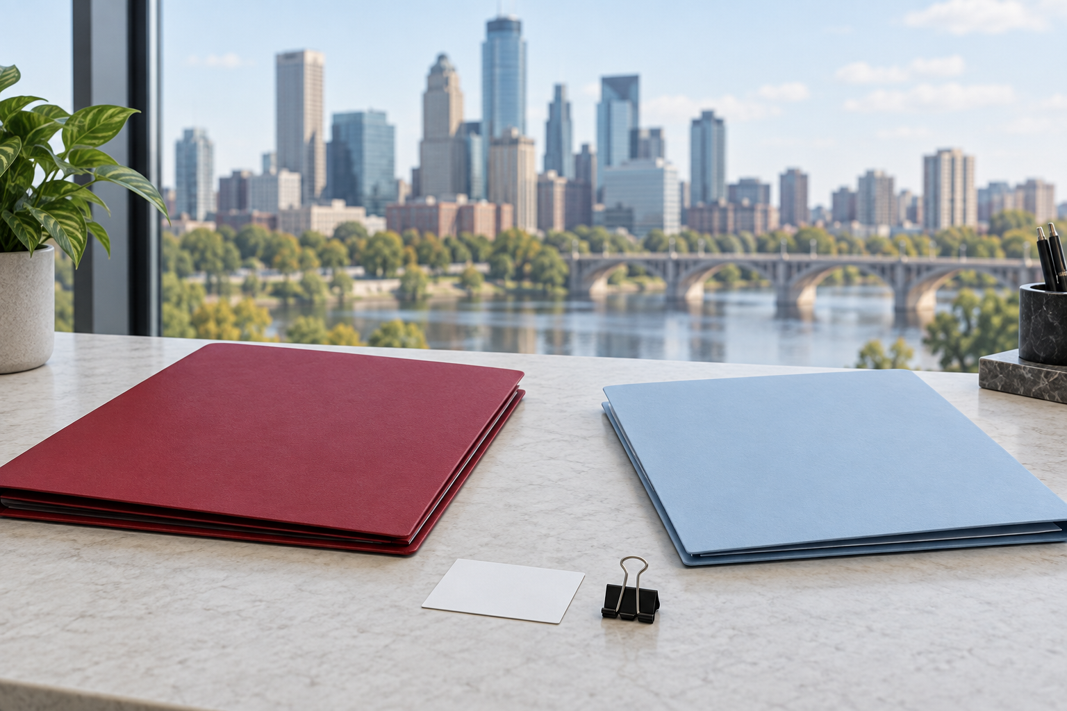 Two unmarked folders and a plain card beside a city-facing consultation window