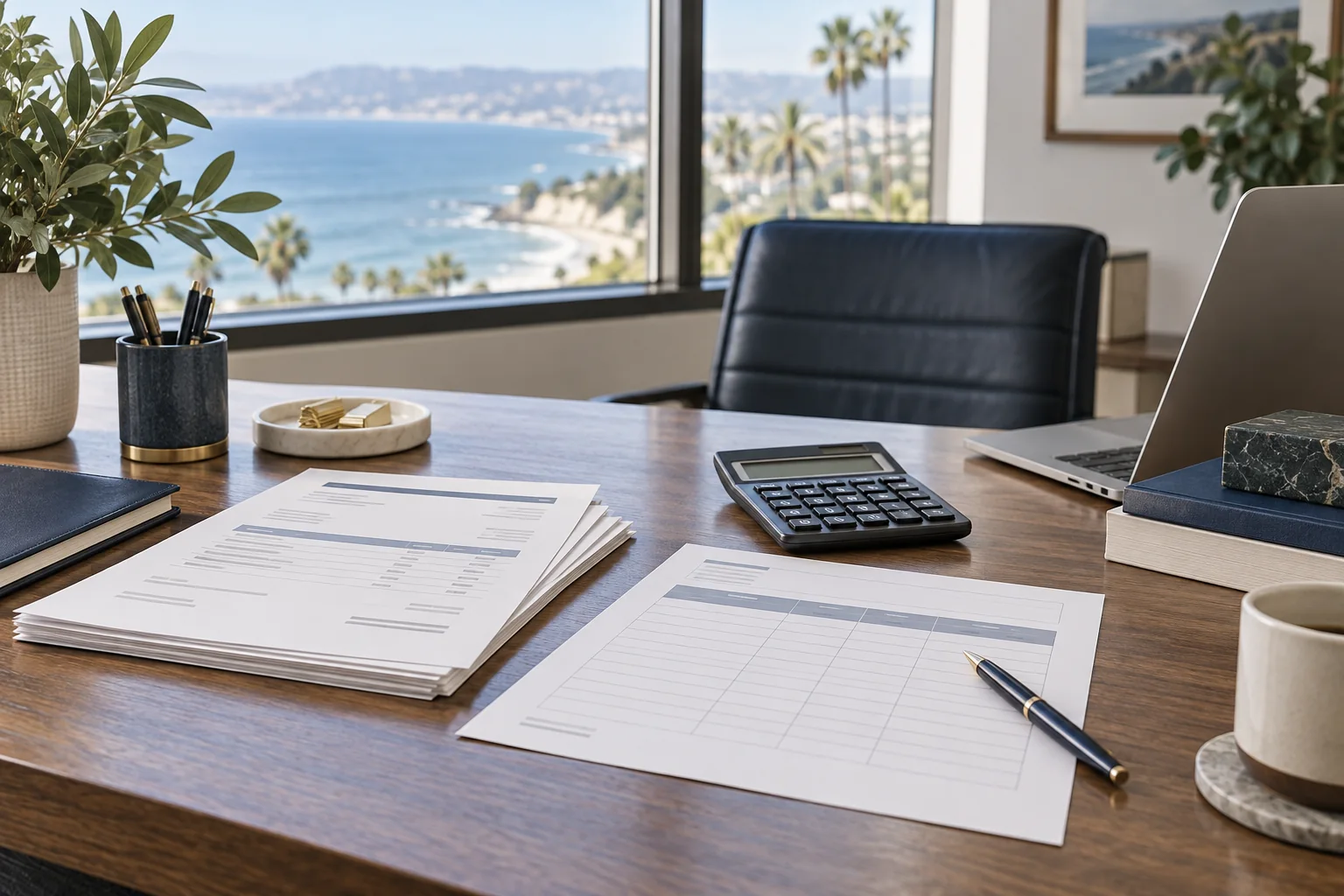 Documents and a notebook arranged on a law-office desk.