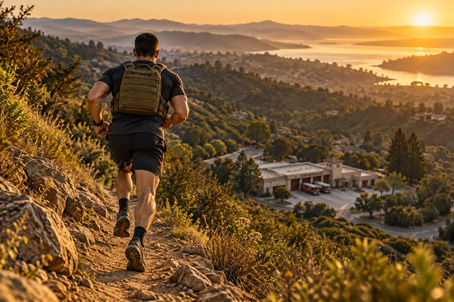 Runner on steep hillside terrain above a distant fire station, illustrating wildland conditioning.