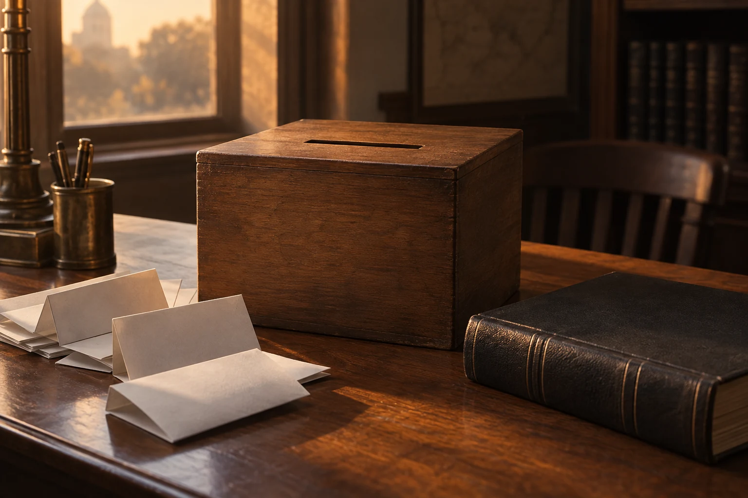 A plain campaign ballot box beside a closed judicial casebook in an archival editorial setting.
