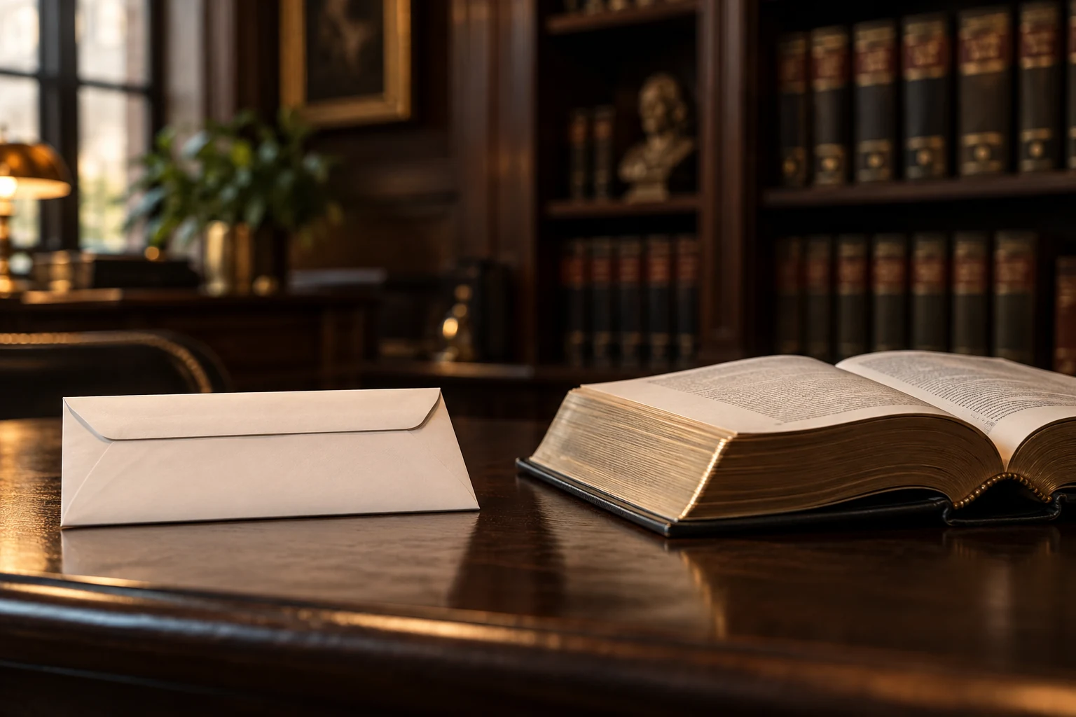 A humanitarian-benefits envelope set apart from an open statute volume in a law library.