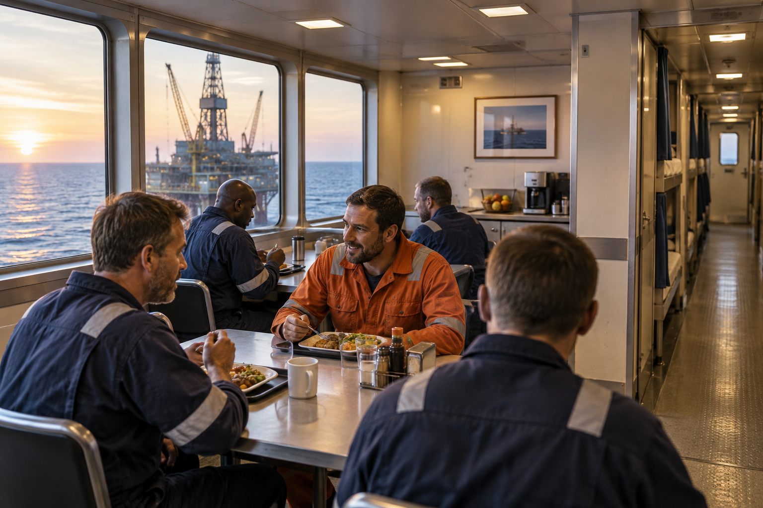 Crew dining room and living-quarters corridor on an offshore platform