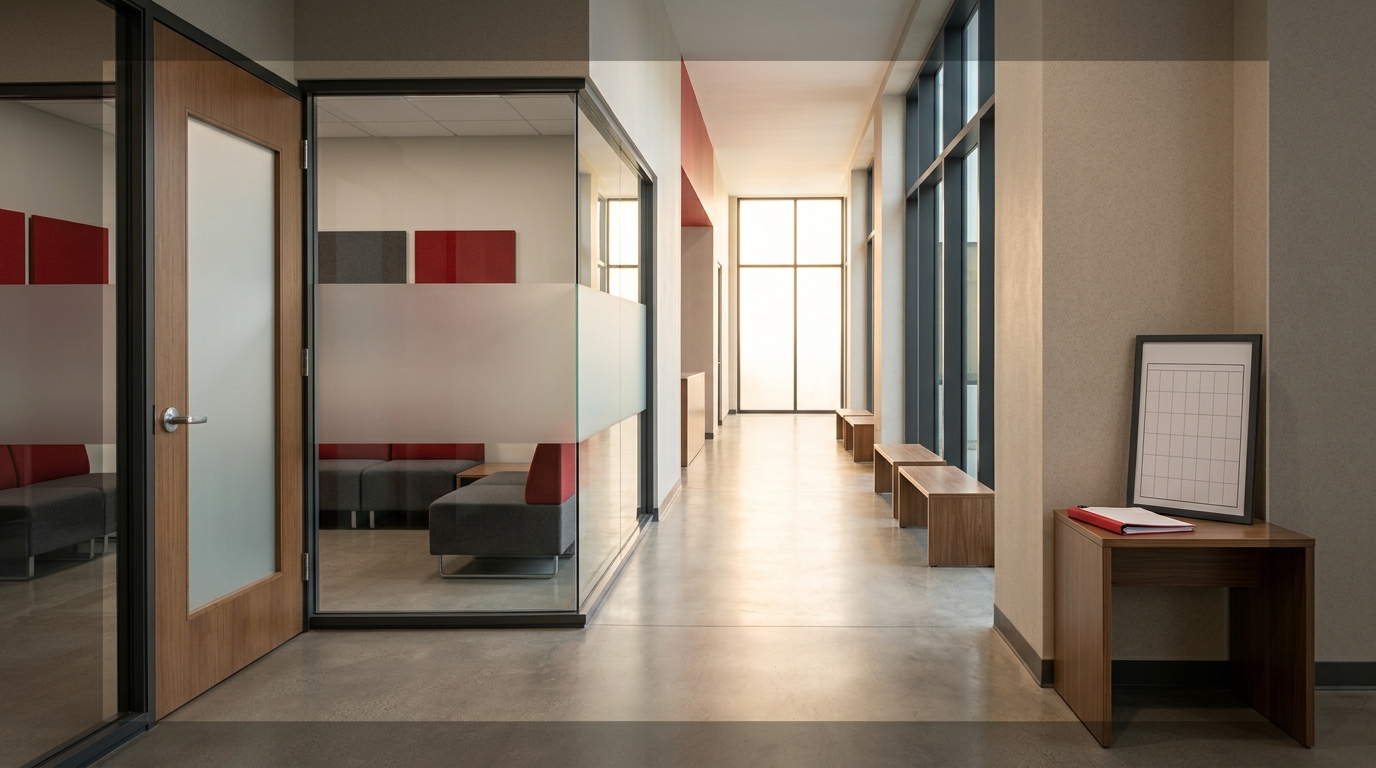 Quiet institutional corridor opening toward daylight