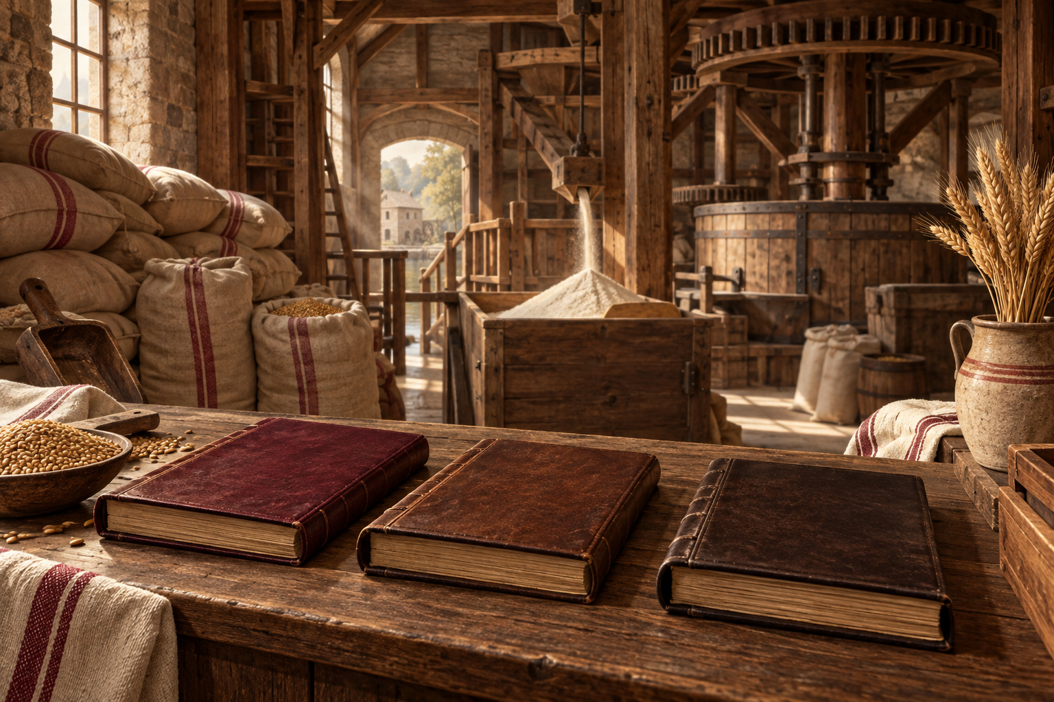 Three annual ledgers in a flour mill, illustrating separate accounting periods.