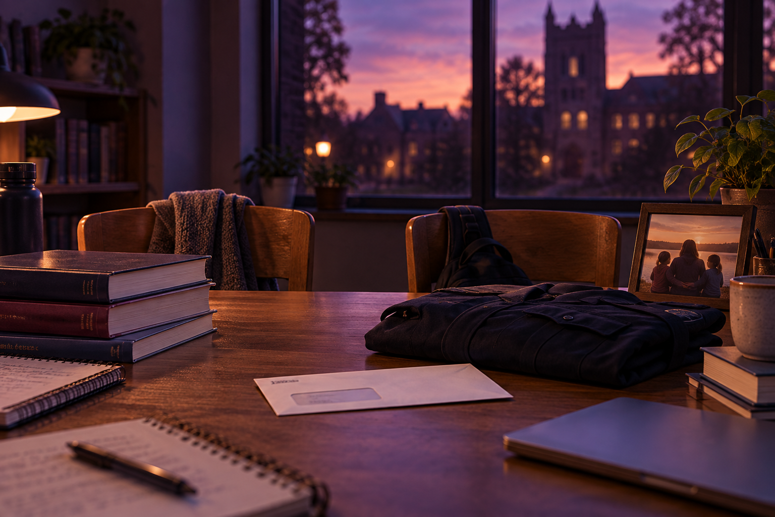 Two study chairs, textbooks, and a folded public-safety shirt beside a benefits envelope