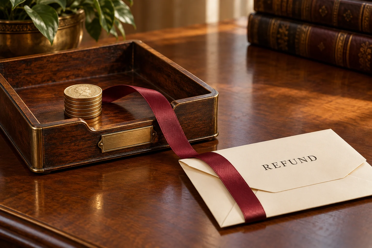 Refund envelope linked by a burgundy ribbon to the same trust-account coin tray.