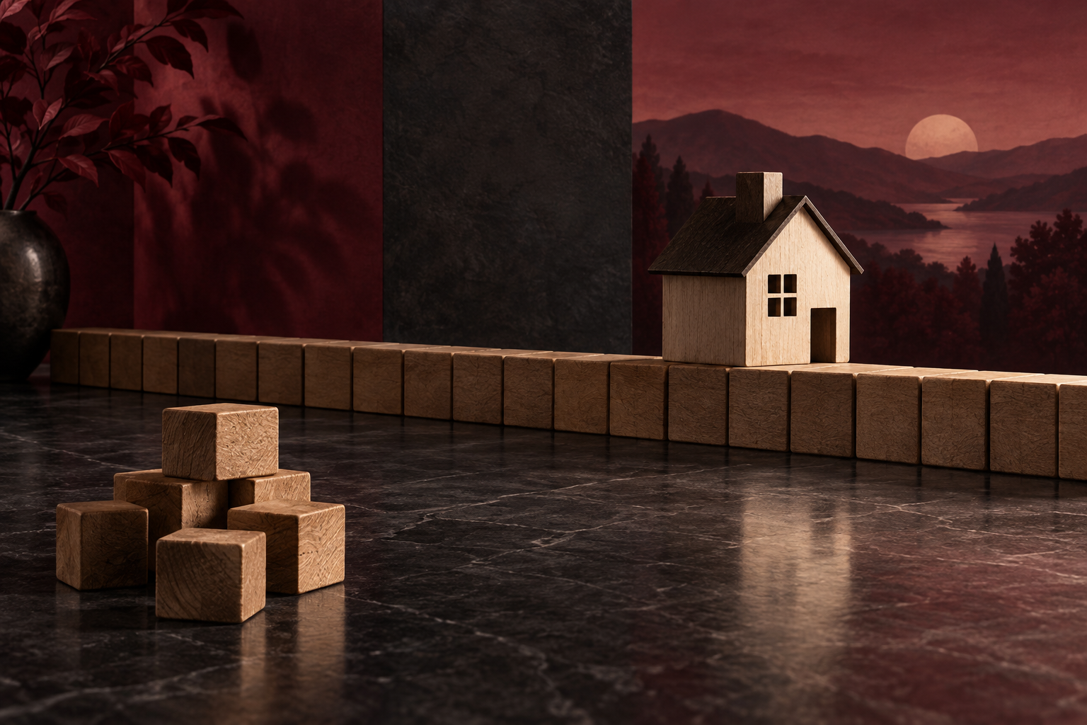 A model house supported by recurring wooden blocks, with a separate pile of blocks nearby.