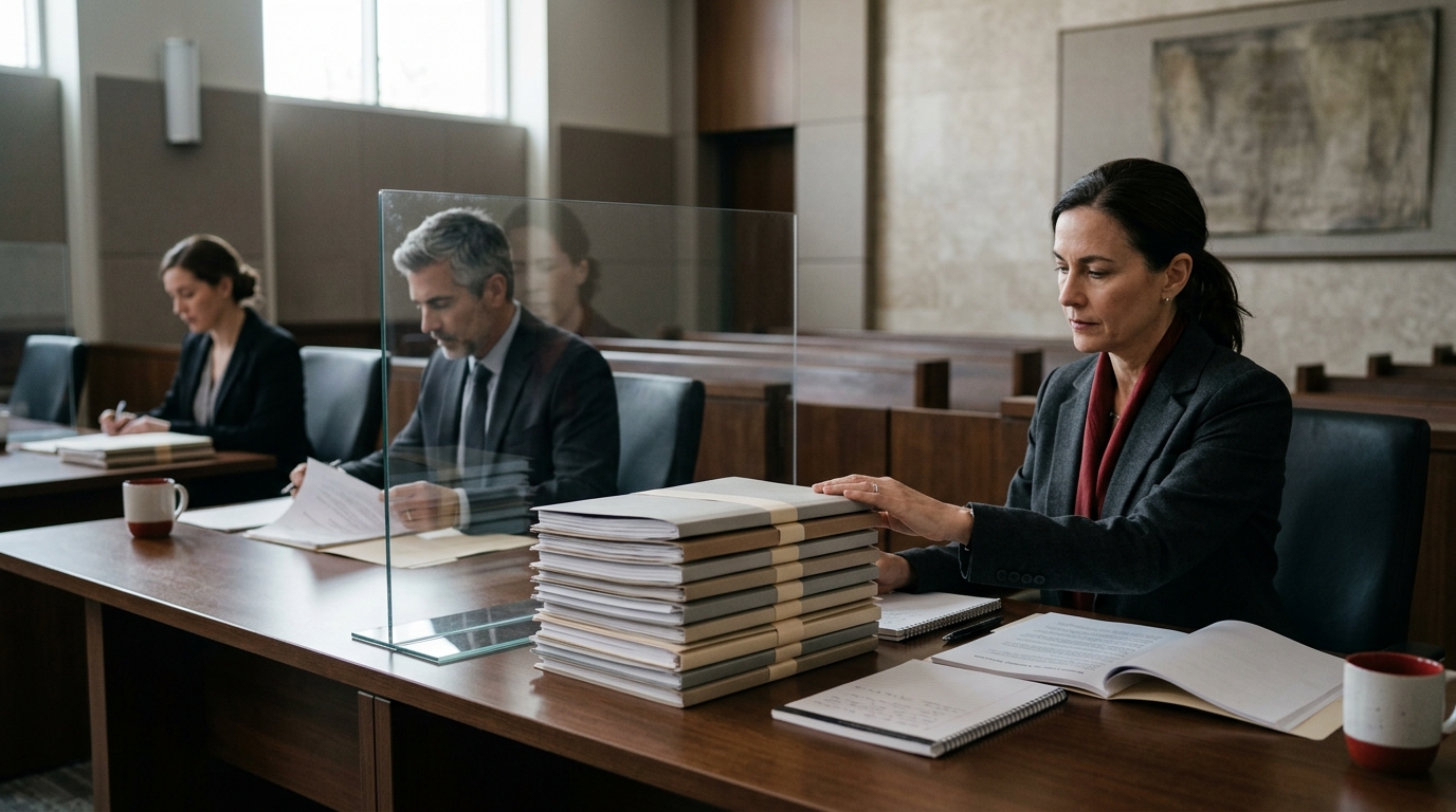 Hearing table arranged with an evidence file and clear divider