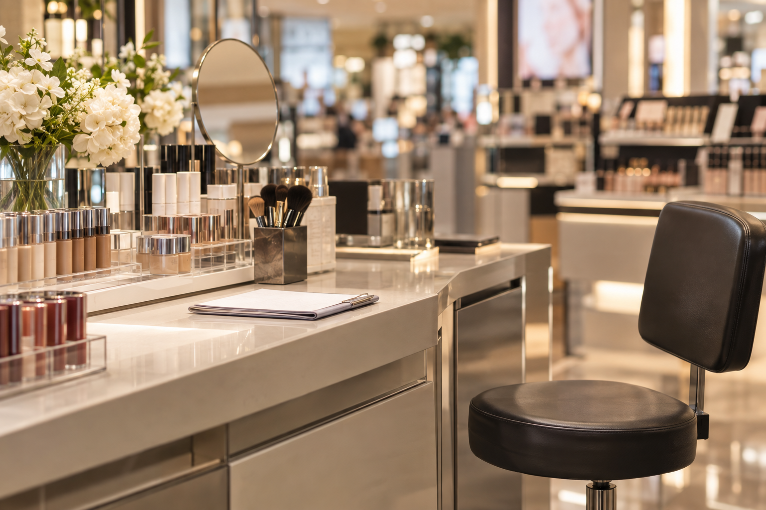 An unbranded cosmetics counter and empty staff stool