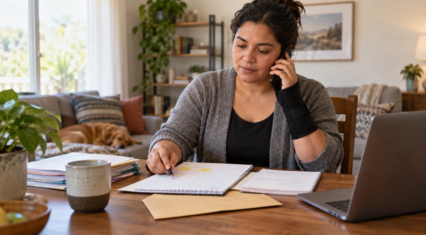 Injured worker reviewing an appointment calendar and treatment notes while calling for follow-up.
