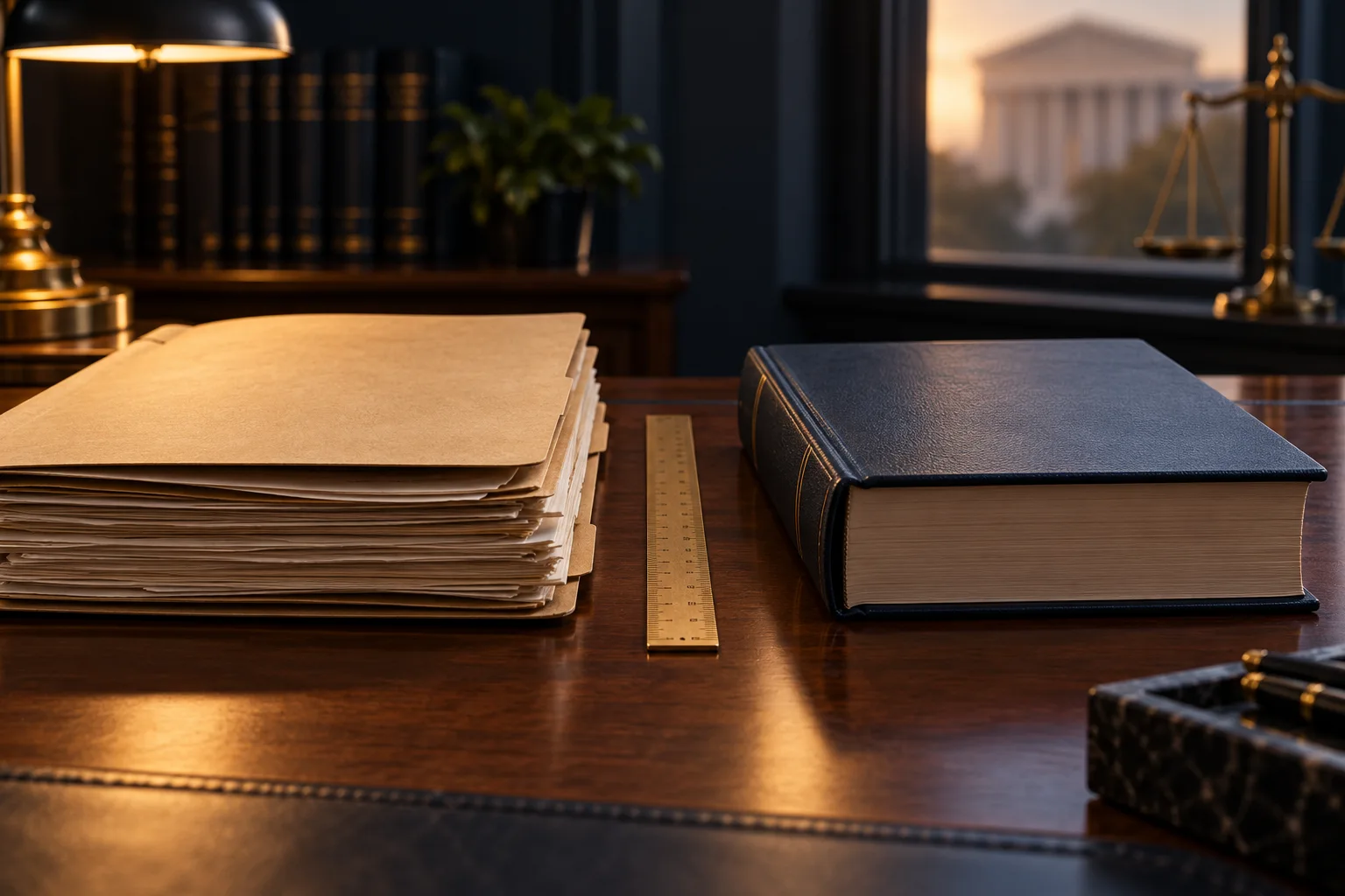 State case file and federal statute book separated on a law desk