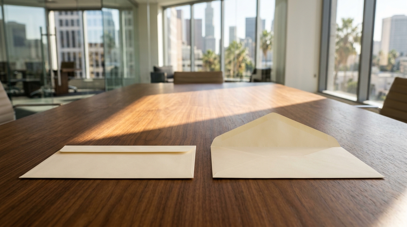 Unsigned workplace settlement pages beside two envelopes on a conference table